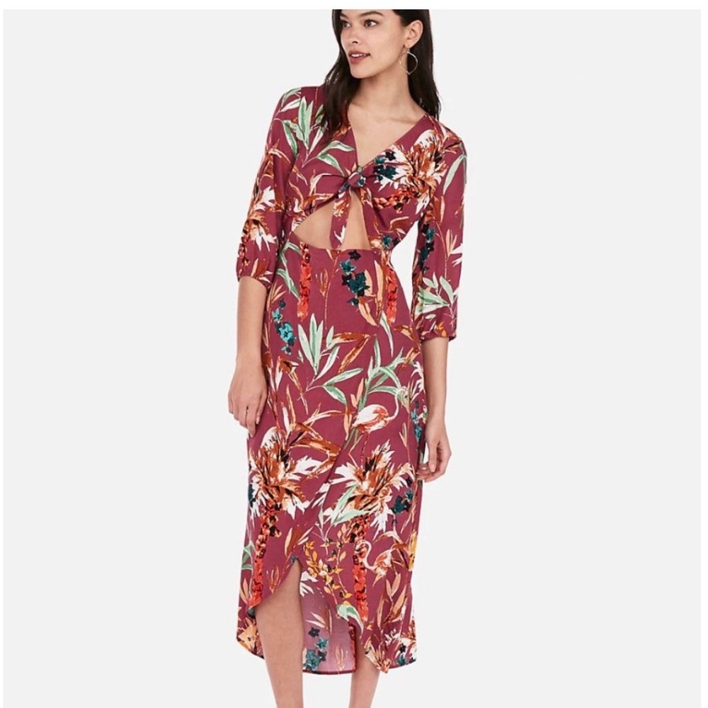 New Express Maxi Dress Small Burgundy Floral Tropical Cut Out Boho Flamingo